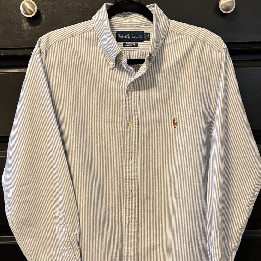 Polo Ralph Lauren Men's Long Leeve Button Up Shirt, Light Blue and White Stripes